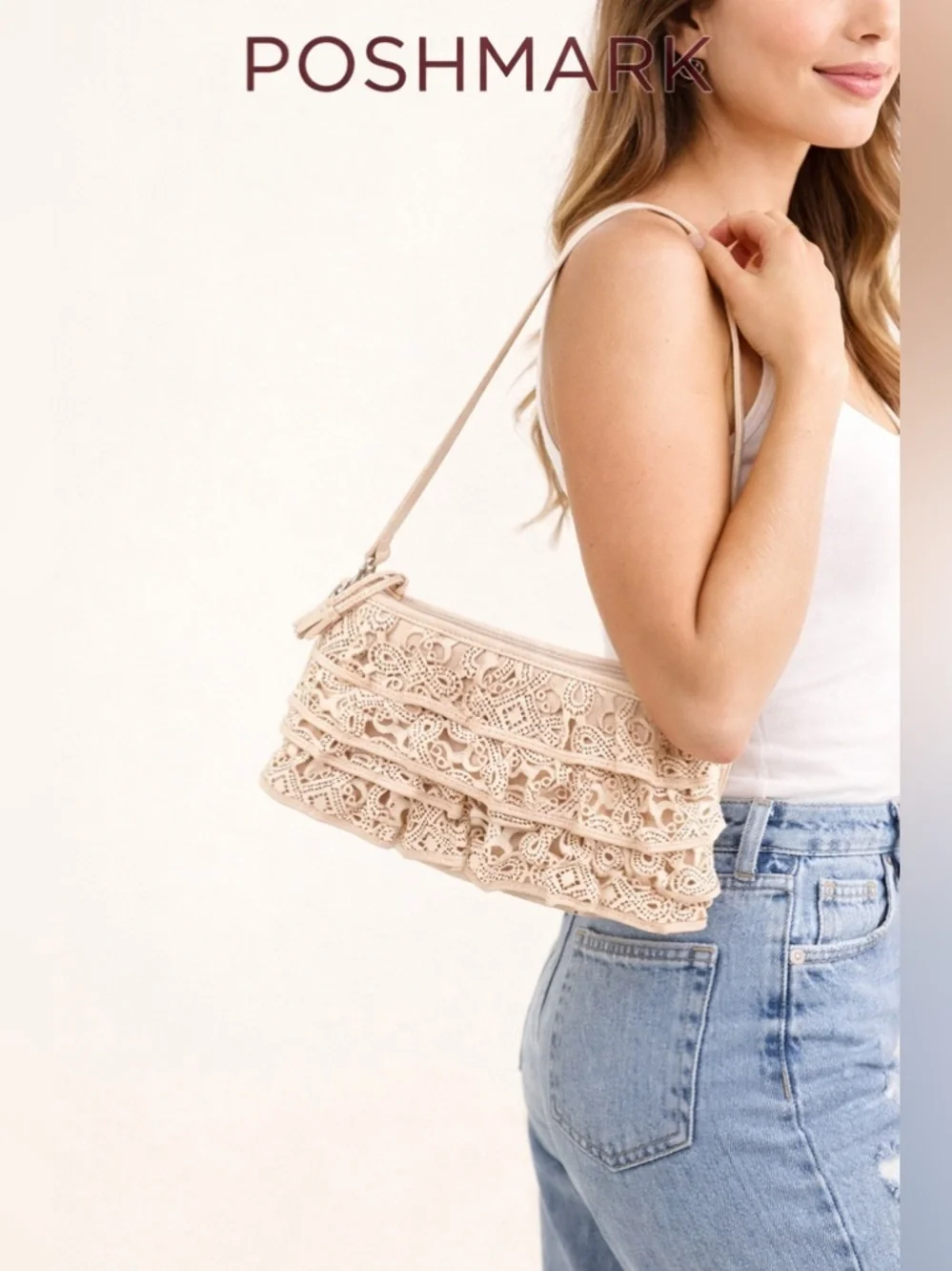 BRIGHTON COLLECTION Laser Cut Lace Tiered Ruffle Leather Shoulder Handbag